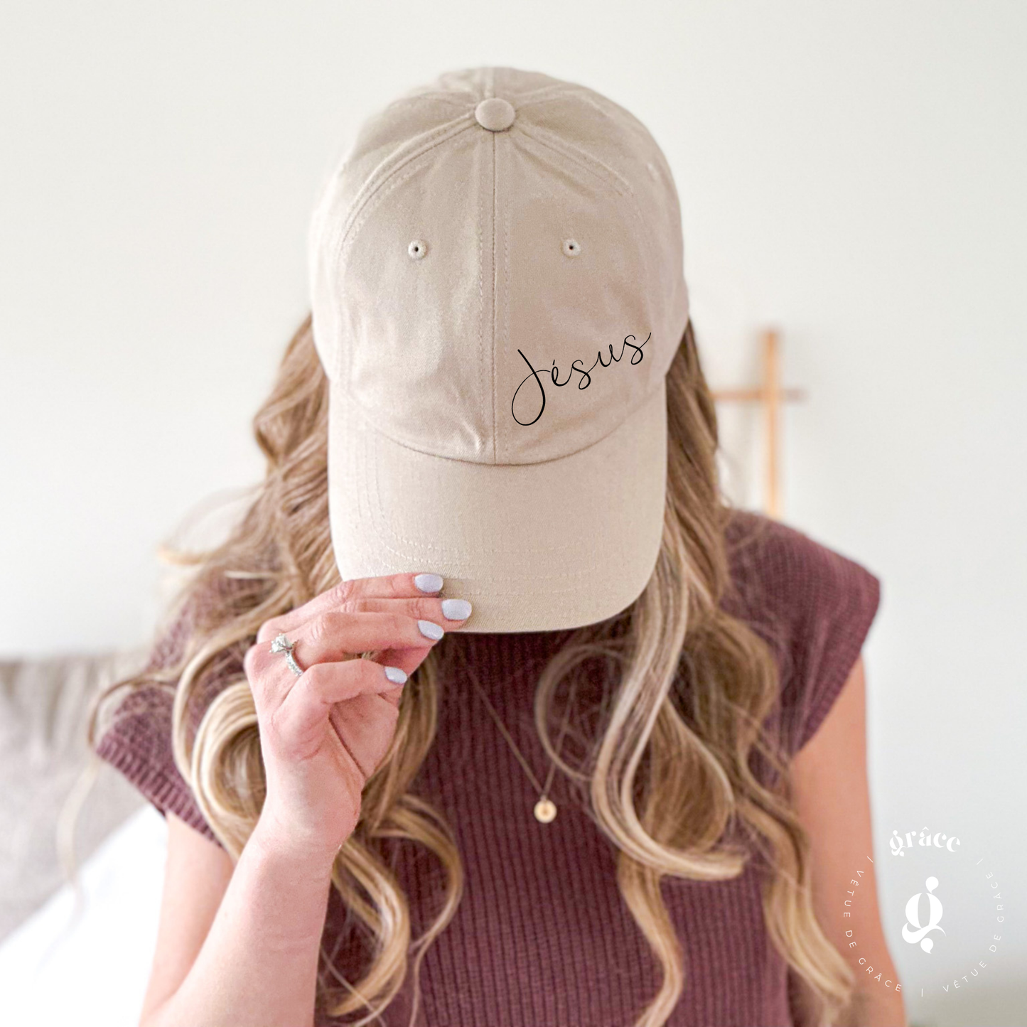 Adjustable beige Jesus cap